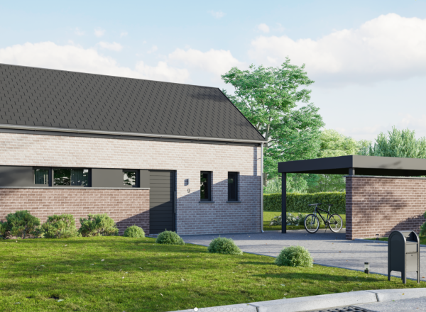Une villa de 3 chambres. Normes QZen. A construire sur un terrain plat de 1.141 m². -> Idéalement située à 3 km des autoroutes.